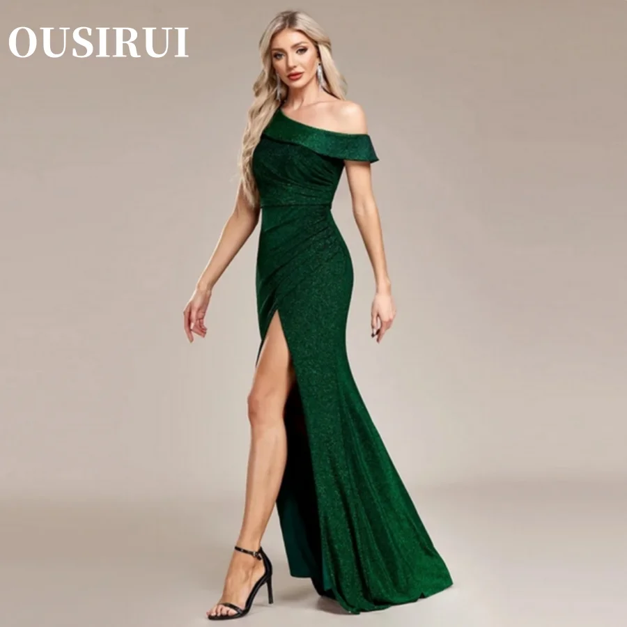 Slit Shiny Silver Thread Elastic Knitting Party Dresss Mermaid Green Long Dress Women Single Shoulder Long Evening Dress Side