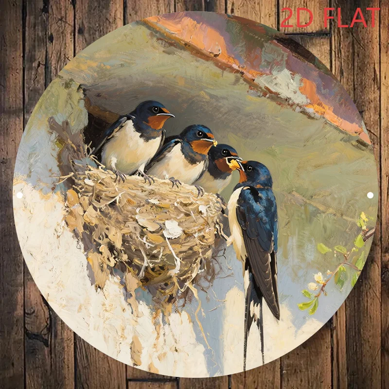 2D Flat, 1pc of 2D Flat Artwork, a Heartwarming Scene of a Swallow Feeding a Baby Bird, Vintage Sign, 8x8 Inches (20x20cm), Uniq
