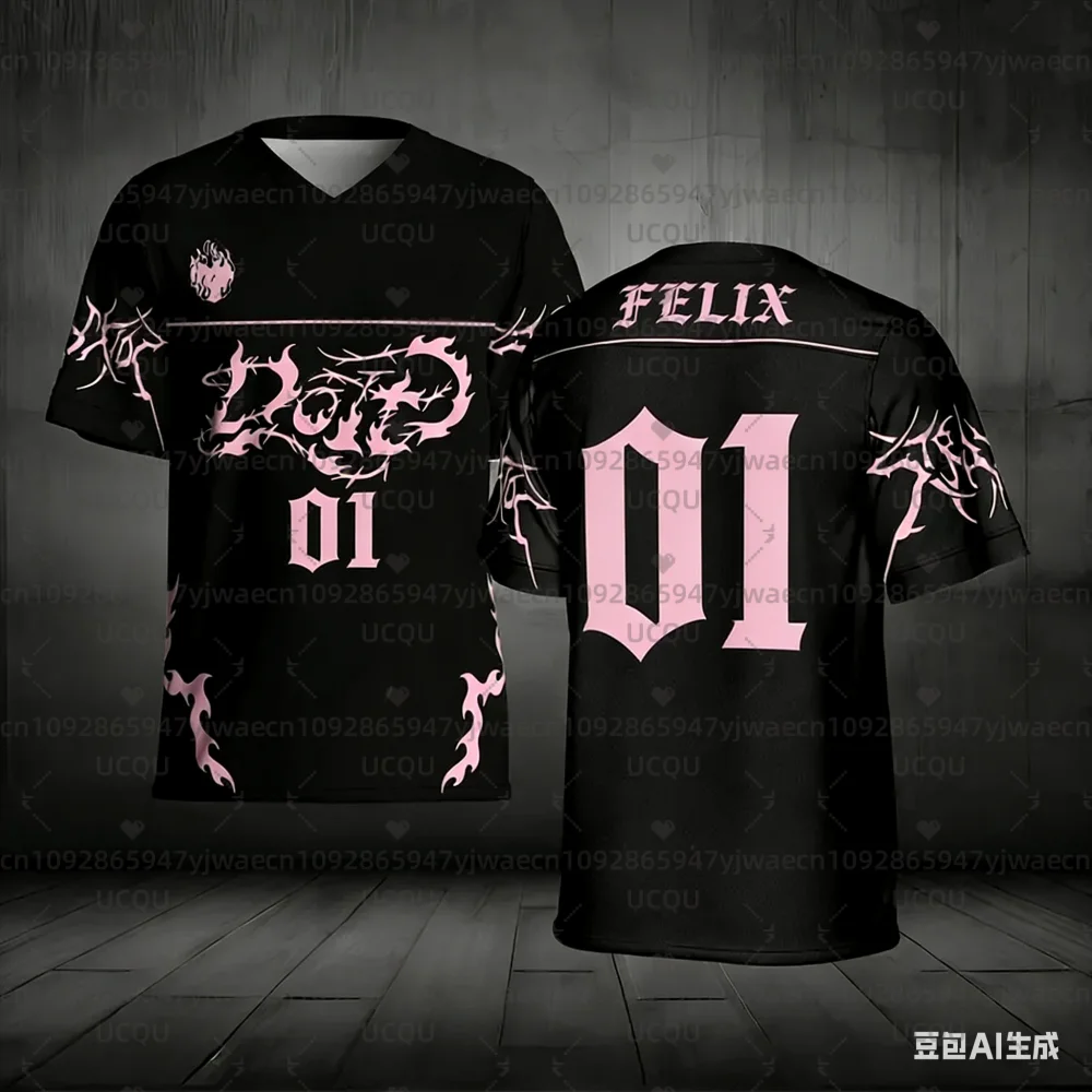 

Black & Pink Gothic T-Shirt –Felix Metal Font Tee with Thorn & Flame Accents, Ideal for Edgy Streetwear & K-Pop Fan Outfits