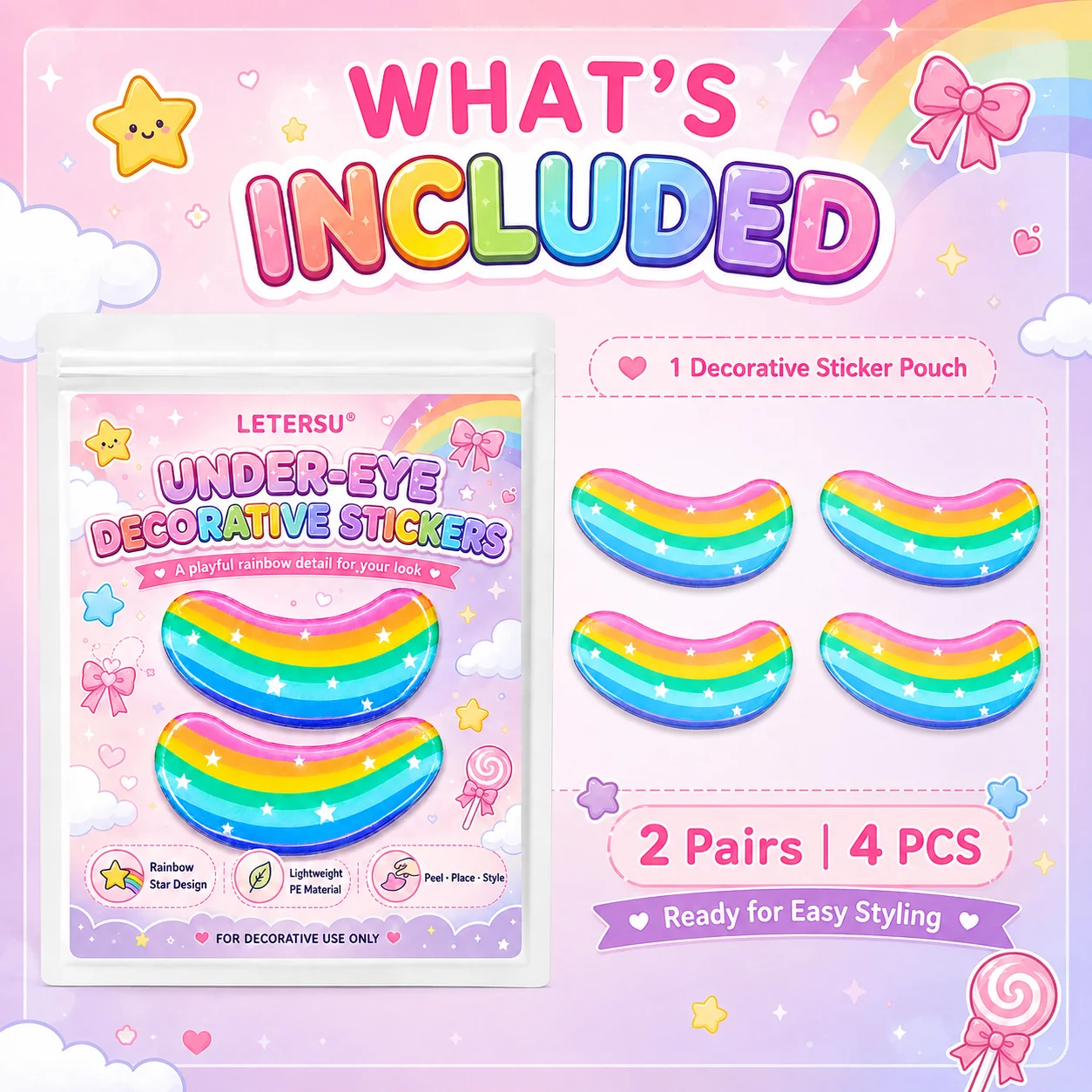 4PCS Rainbow Under Eye Stickers Cute Face Decorative Patches for Party Makeup Festival Photo Props Face Accessories