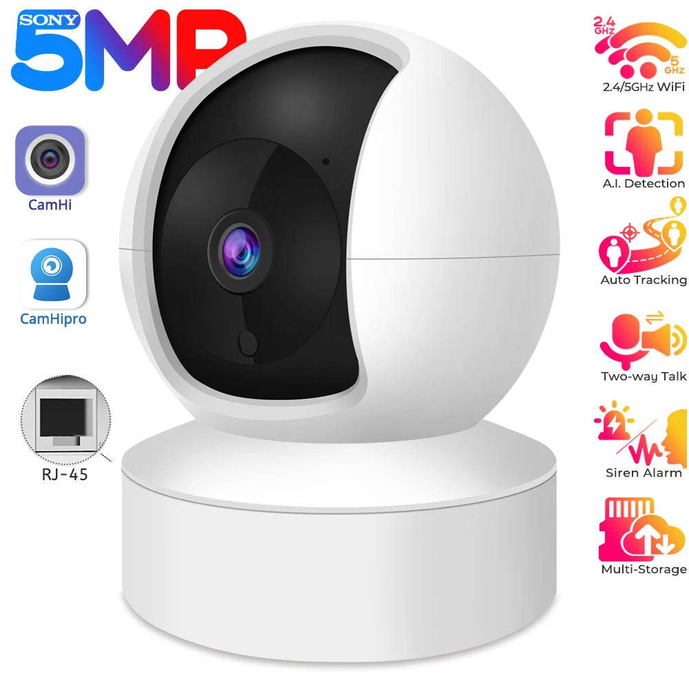 5MP Wifi Surveillance Cameras Indoor Humanoid Tracking PTZ Smart Home Security Protection Audio SD Card IP Camera Baby Monitor