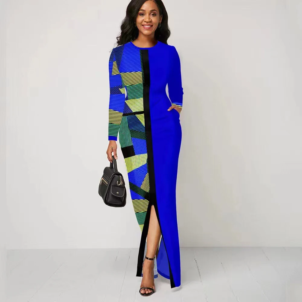 Slim Fit Long Sve Long Dr with Slit Print Splicing A-Line Knitted Dr for Women Spring Season Commute Sle round Ne