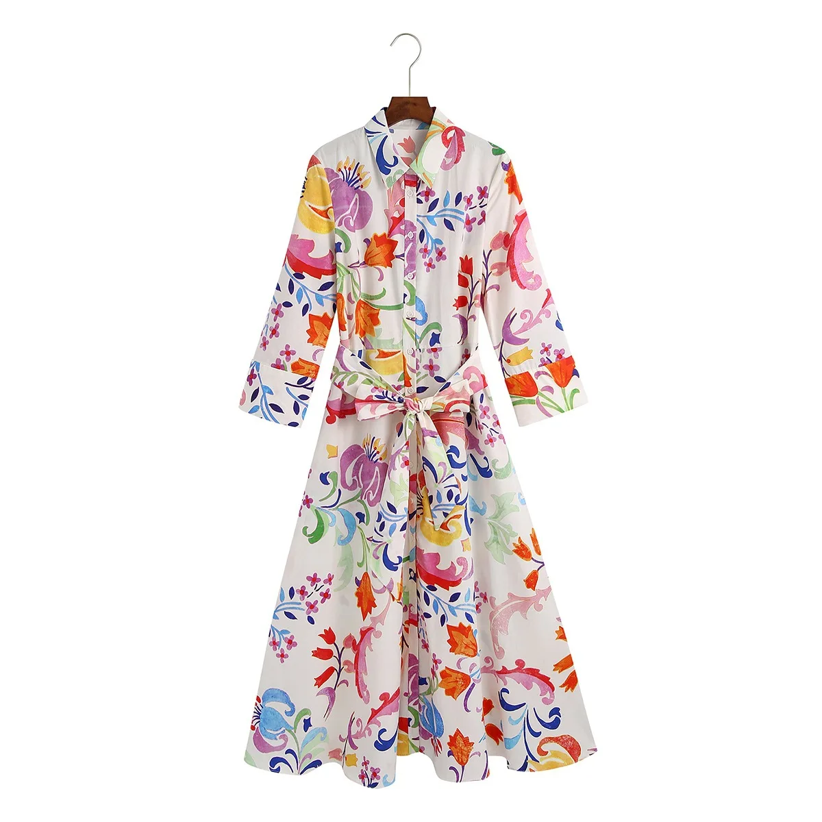 Summer Women's Long Dresses Vintage Totem Floral Print Female Sashes Midi Shirt Dress With Bow Casual Vestidos Para Mujer