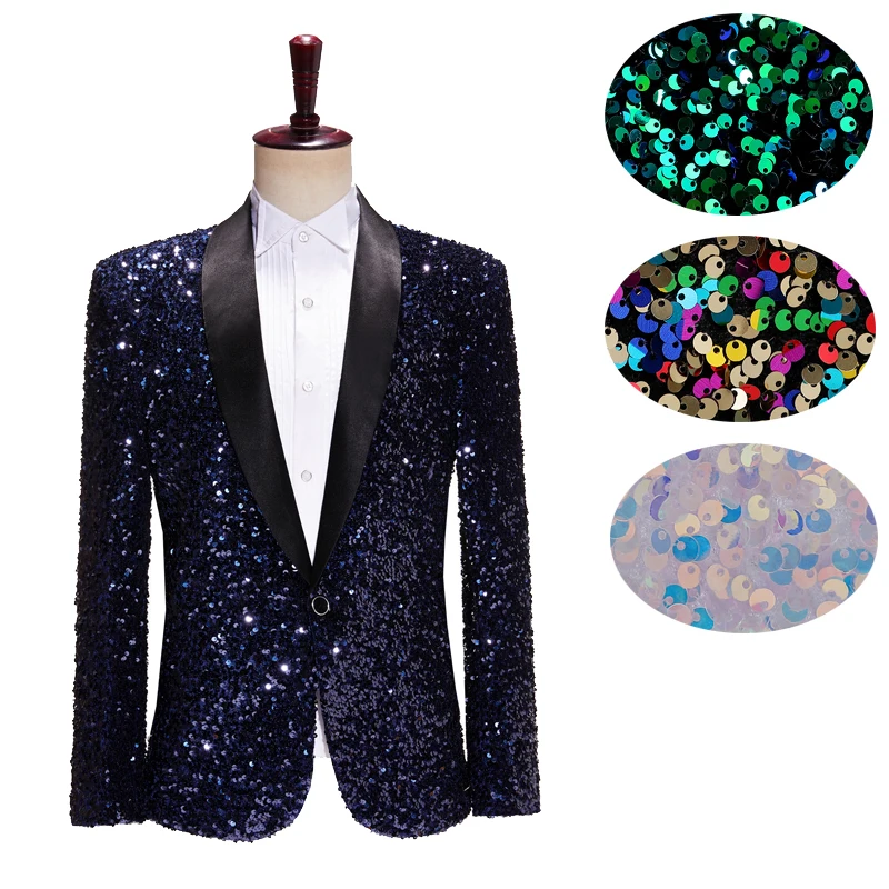 Luxury suit sequined jacket in blue, white, green, jacket with shiny shawl lapel，single blazer，for stage graduation dress
