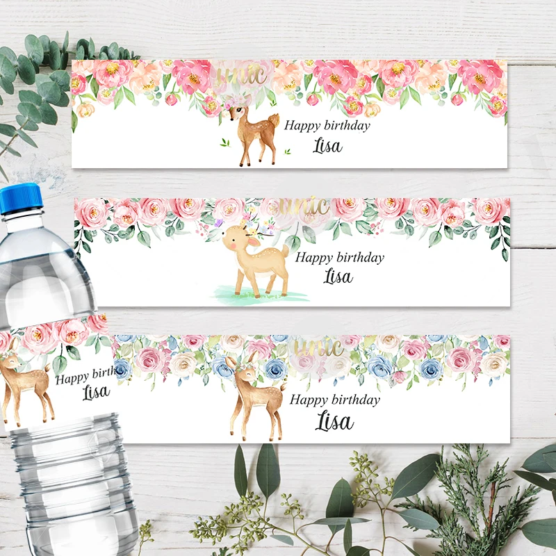 30pcs Custom Cute Deer Water Bottle Labels Wraps Bambi Flower Welcome Baby Birthday Baptism Decor Self-adhesive Stickers