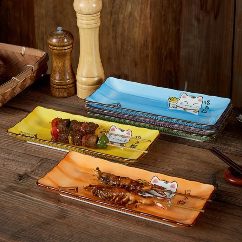 Japanese Lucky Cat Plate Creative Cartoon Ceramic Rectangular Plate Desserts, Western-style Fish Dish Home Kitchen Tableware