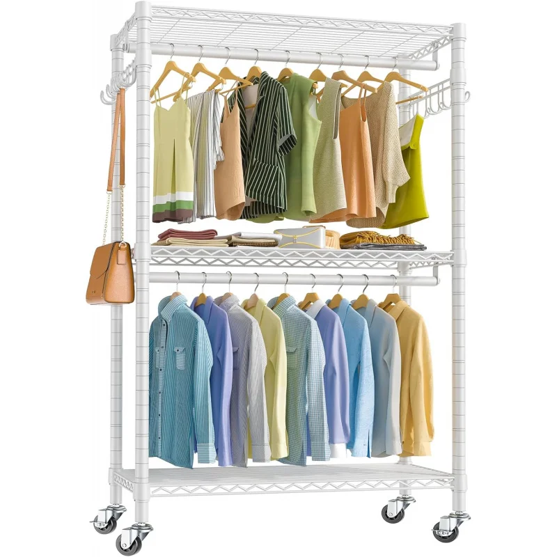 R2 Plus Rolling Garment Rack 3 Tiers Adjustable Wire Shelving Clothes Rack with Wheels, Freestanding Wardrobe Storage Rack Heavy