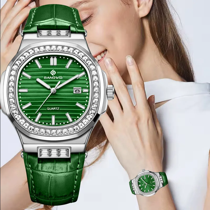 

BANGWEI New Women Watch Fashion Square Luminous Watch For Women Simple Elegant Leather Waterproof Sports Quartz Wristwatch Women