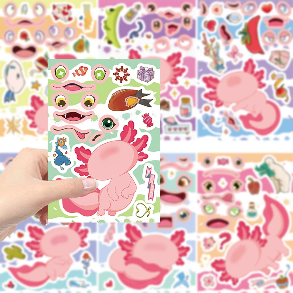 8/16 fogli simpatico cartone animato Axolotl puzzle adesivi divertente fare un viso adesivo bambini fai da te assemblare puzzle decalcomanie giocattoli per il regalo del capretto