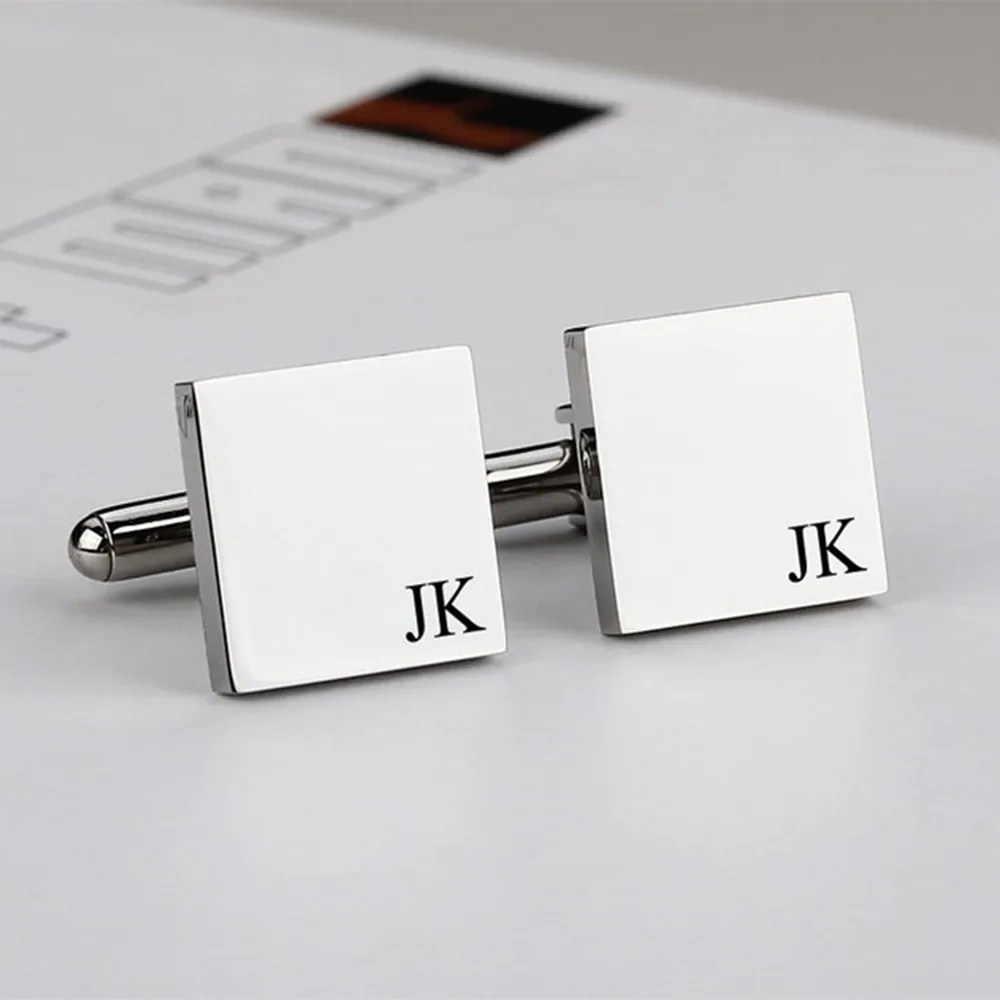 Silver Color Name Cufflinks Custom Square Engraved LGO Date Initial Shirt CuffLink Wedding Groom Gifts Business Men Jewelry BFF