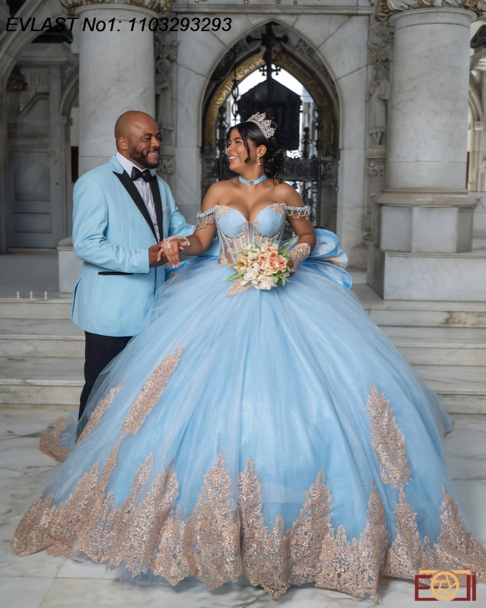 EVLAST Personalizzato Lucido Blu Floreale Abito Quinceanera Abito di Sfera Oro Applique di Pizzo Che Borda Dolce 16 Abiti Da 15 Anos E1QN643