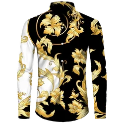 Golden Flower Pattern Print Men's Shirts Casual Single-Breasted Cardigan Long Sleeve Shirt Fashion Trend Tops Men Clothing