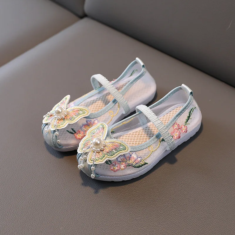 Hanfu Embroidered Shoes Baby Girls Vintage Chinese Style Dance Shoes Butterfly Beading Mesh Ruffles Toddler Children's Flats