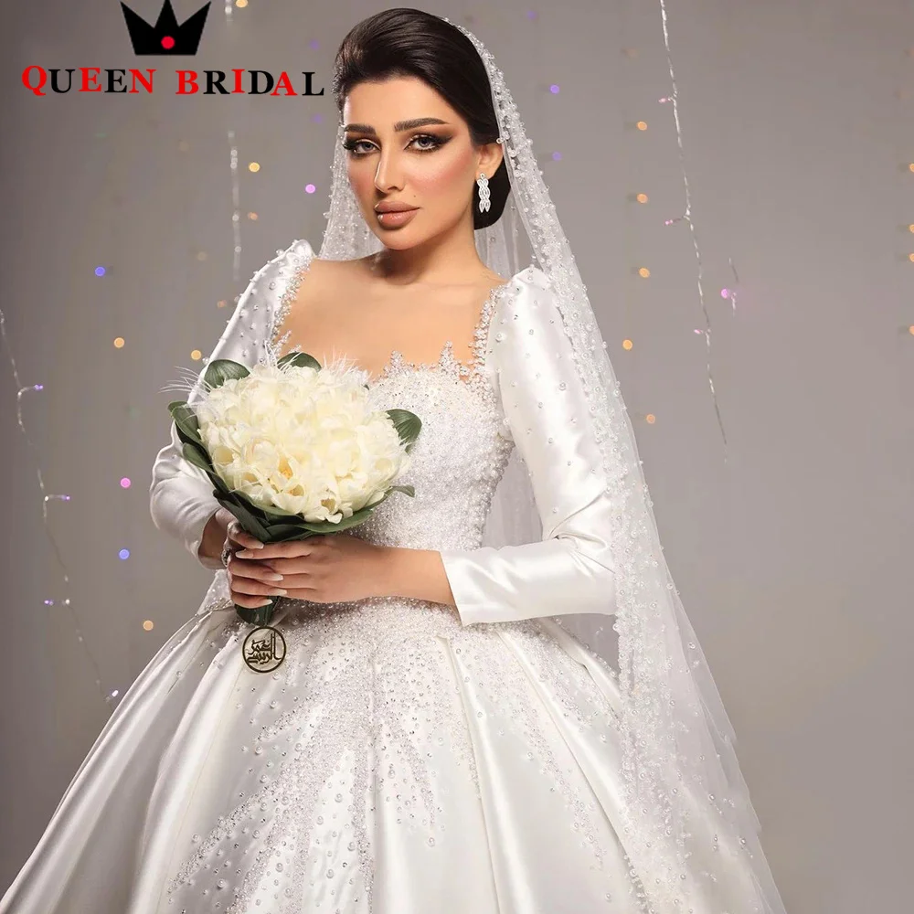 Exquisite Charming Dubai Satin Pearls Wedding Dress Beaded Scoop Neck Saudi Arabia Bridal Gowns Vestido De Noiva Custom QW16