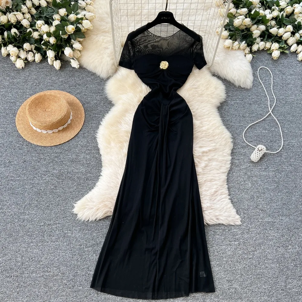 Vestido elegante transparente de malla, Vestidos de hadas elegantes a la moda coreana, Vestidos sexis de cintura alta acampanados, bata de vacaciones de verano para mujer