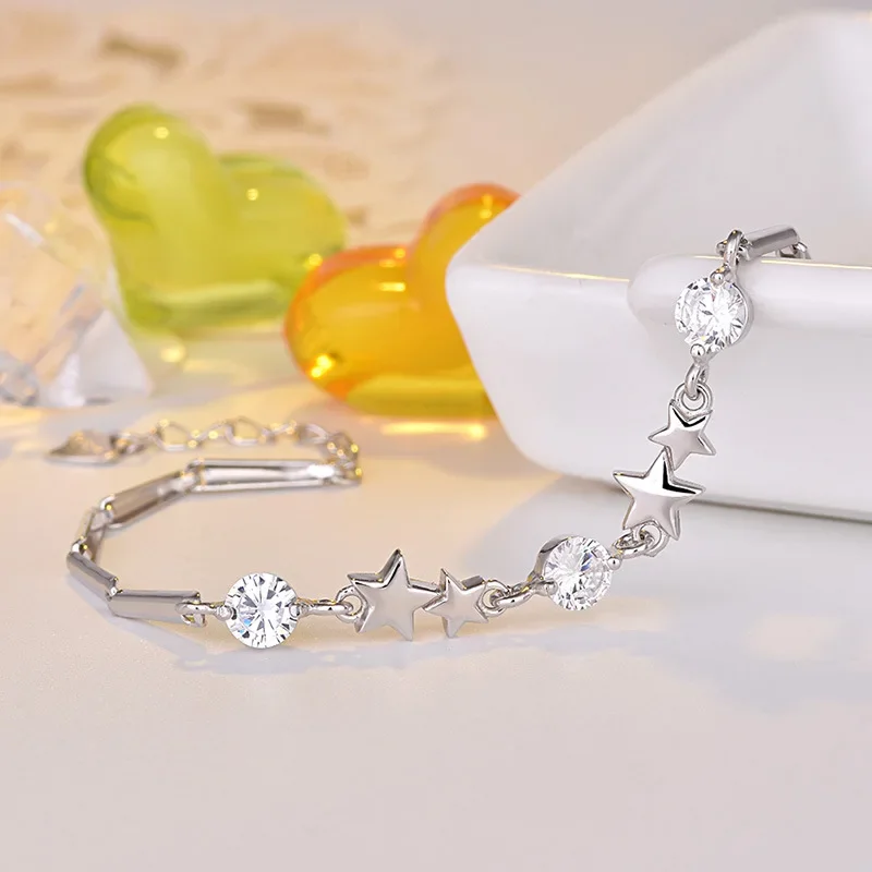 Hot Fine Fashion kpop 925 Sterling Silver creative Star Pink Crystal Bracelets for Women Jewelry Party Wedding Accessories Gifts view 5