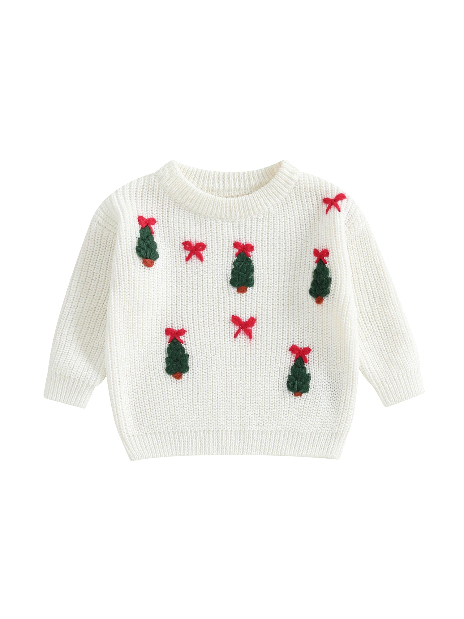 FOCUSNORM 0–5 Jahre Weihnachtspullover für kleine Kinder, Jungen und Mädchen, 4-farbige Schleife, Weihnachtsbaum-Stickerei, langärmelig, Rundhalsausschnitt, Strickpullover – Detail 1