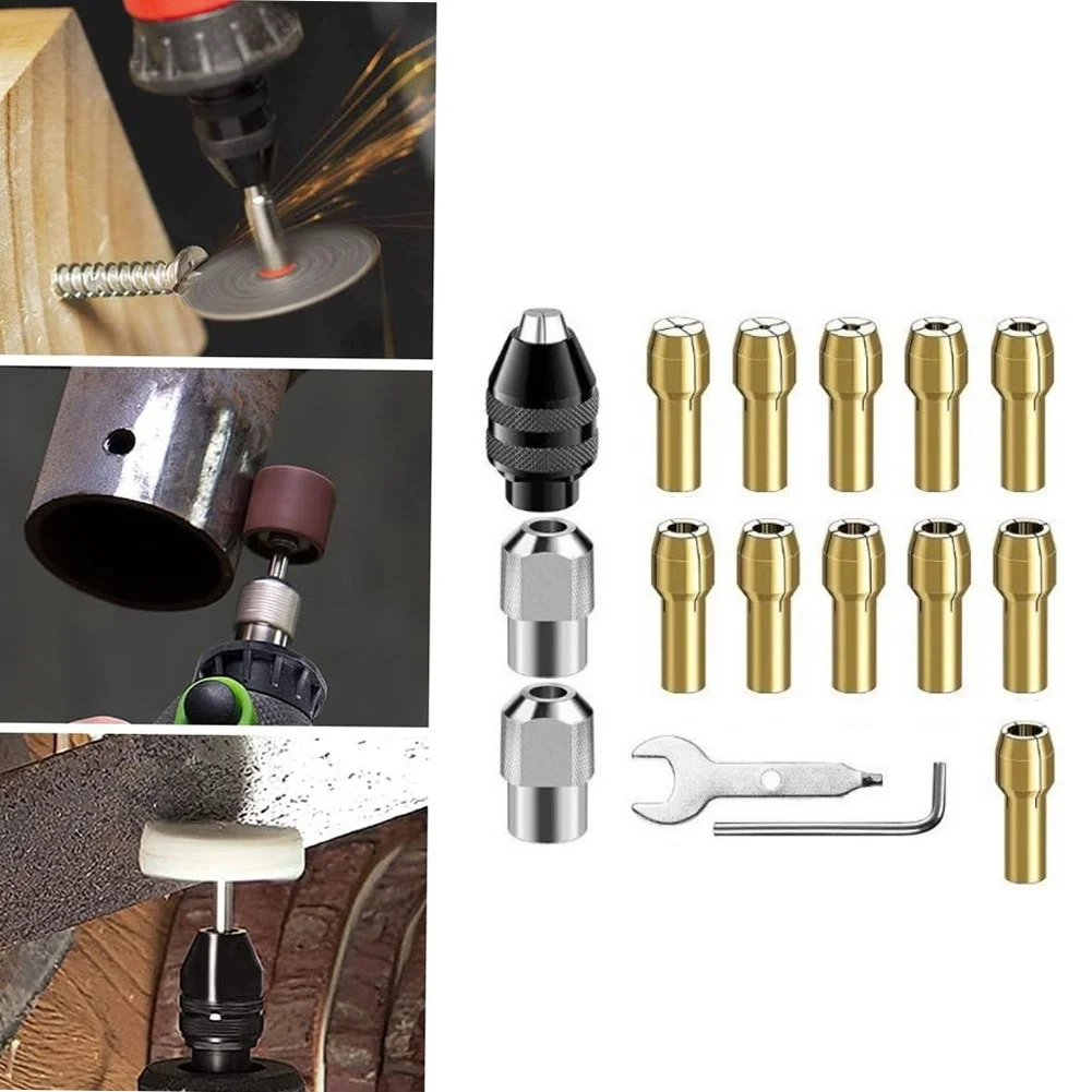 16pcs Drill Chuck Collet Set 0.5-3.2mm Electric Drill Bit Collet Slim Open-end Spanner L-wrench Drill Chucks For Rotary Tool