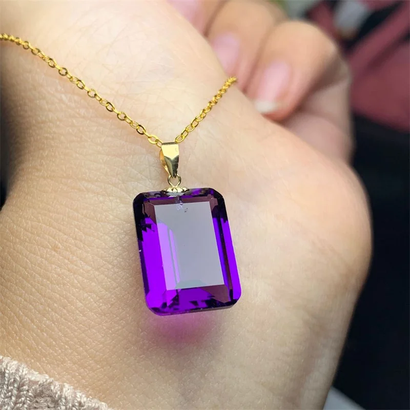 

Real 925 Sterling Silver Necklace Pendant for Women Girl Lady Natural Amethyst Gemstone Big Size 12x16mm 18k Yellow Gold Plated