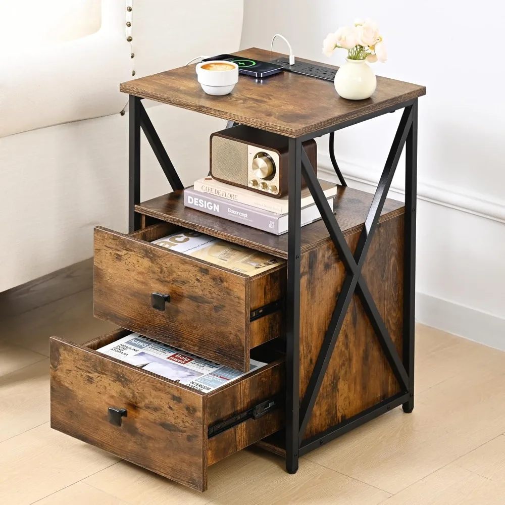 

LED Bedside Table Set (2 Pieces): Bedside Table with Charging Station, Side Table with Storage Function