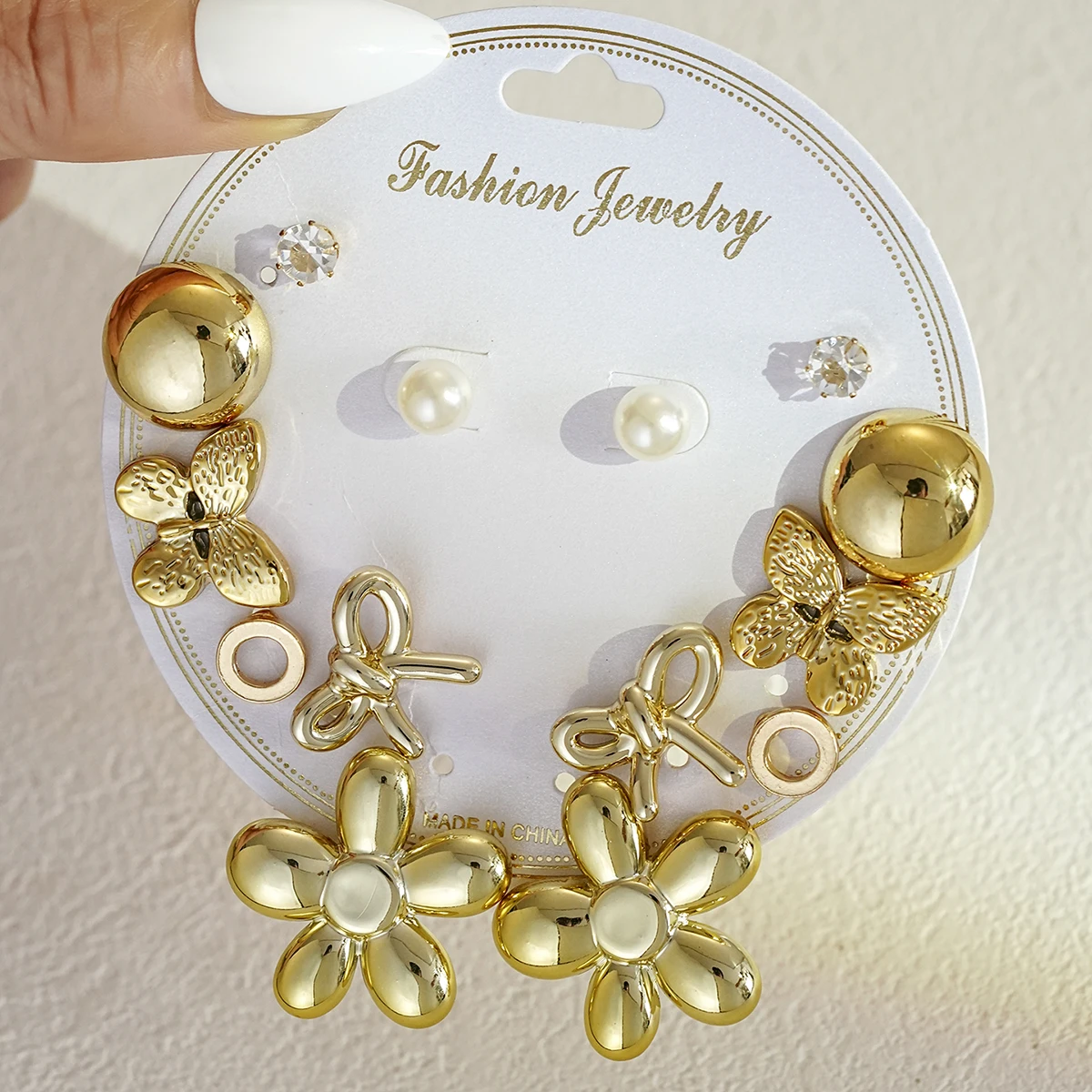 7Pcs Gold Floral Butterfly Earring for Women Smooth Ball Pearl Crystal Stud Drop Earrings Wedding Stackable Luxury Jewelry Gifts