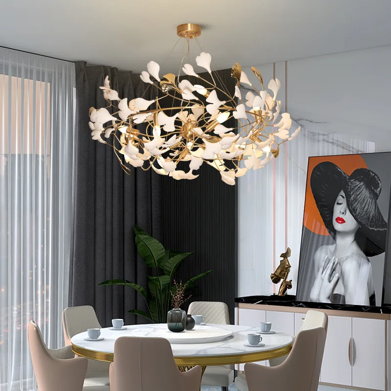 Luxury Ceramic Ginkgo Leaf Chandelier Gold Branches Chandelier For Living Room Bedroom Hotel Decor Led Tree Leaves Hanging Lamp