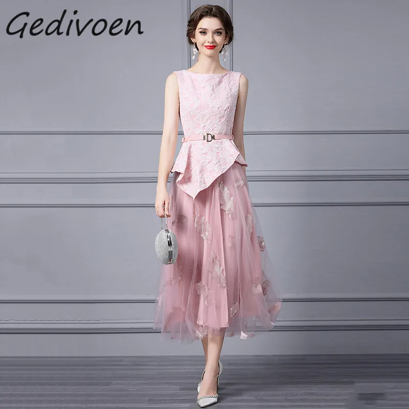 

Gedivoen Summer Fashion Runway Vintages Pink Skirt Set Women O-Neck Sashes Jacquard Top+Elastic Waist Embroidery Mesh Skirt Suit