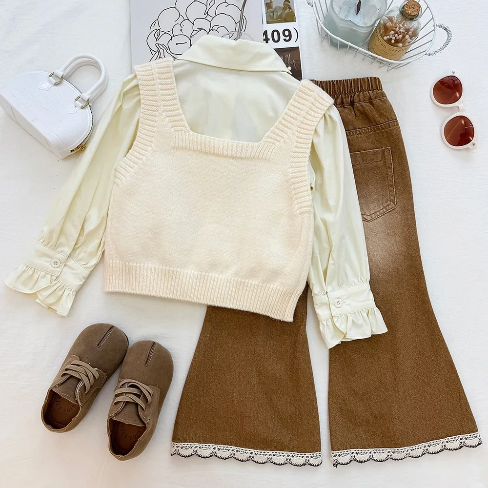 Girls' Knitted Vest Three Piece Set Autumn Pearl Pointed Collar Shirt Three-dimensional Bow Vest Micro Flared Pants Set Trendy