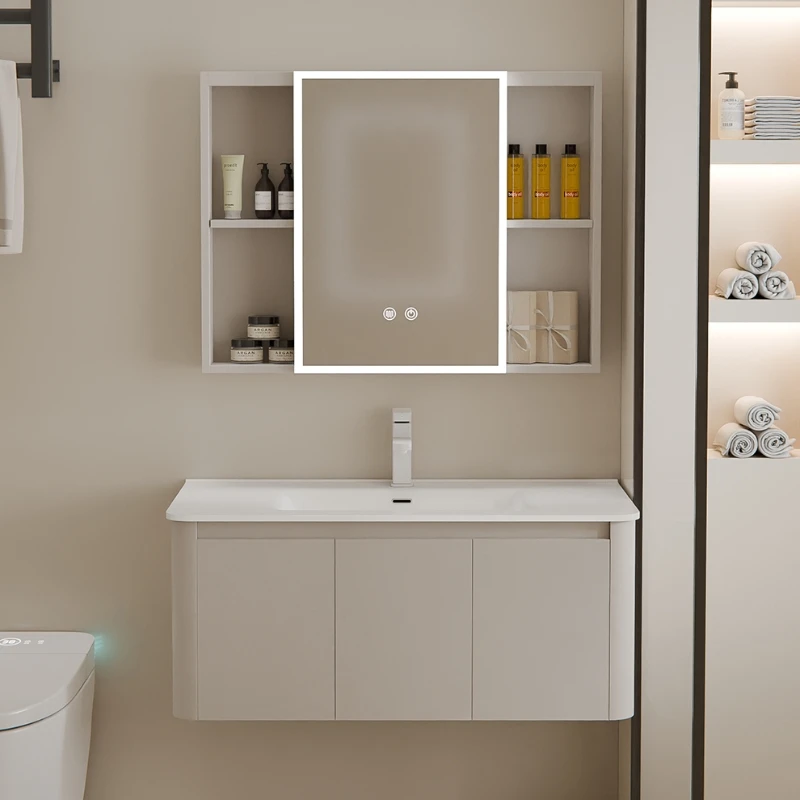 Wall Mount Floating Aluminum Modern Bathroom Vanity Set with Smart Light Emitting Diode Mirror Large Storage Hotel Bedroom Use