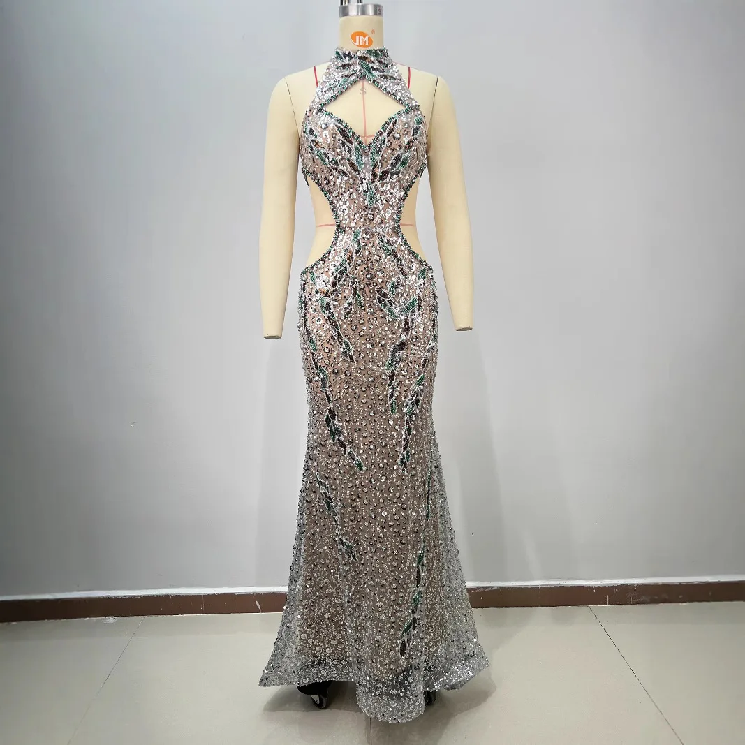 이브닝 드레스 여성 파티 드레스 하이넥 헤비 스팽글 비즈 장식 섹시한 홀 메쉬 바디콘 머메이드 수제