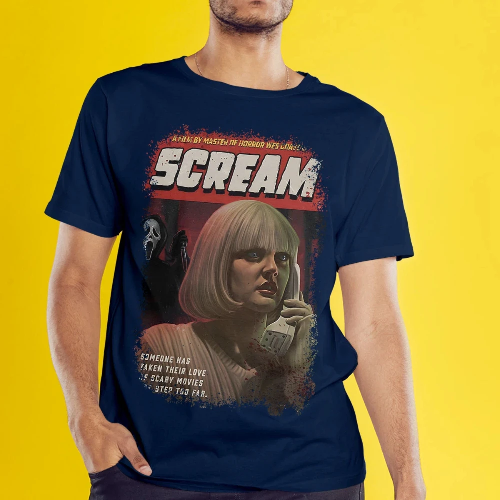 تي شيرت ملهم لملصق فيلم Scream: رعب ريترو 90s نمط ثقيل الوزن من القطن الخالص بطبقة أساسية لجميع المواسم