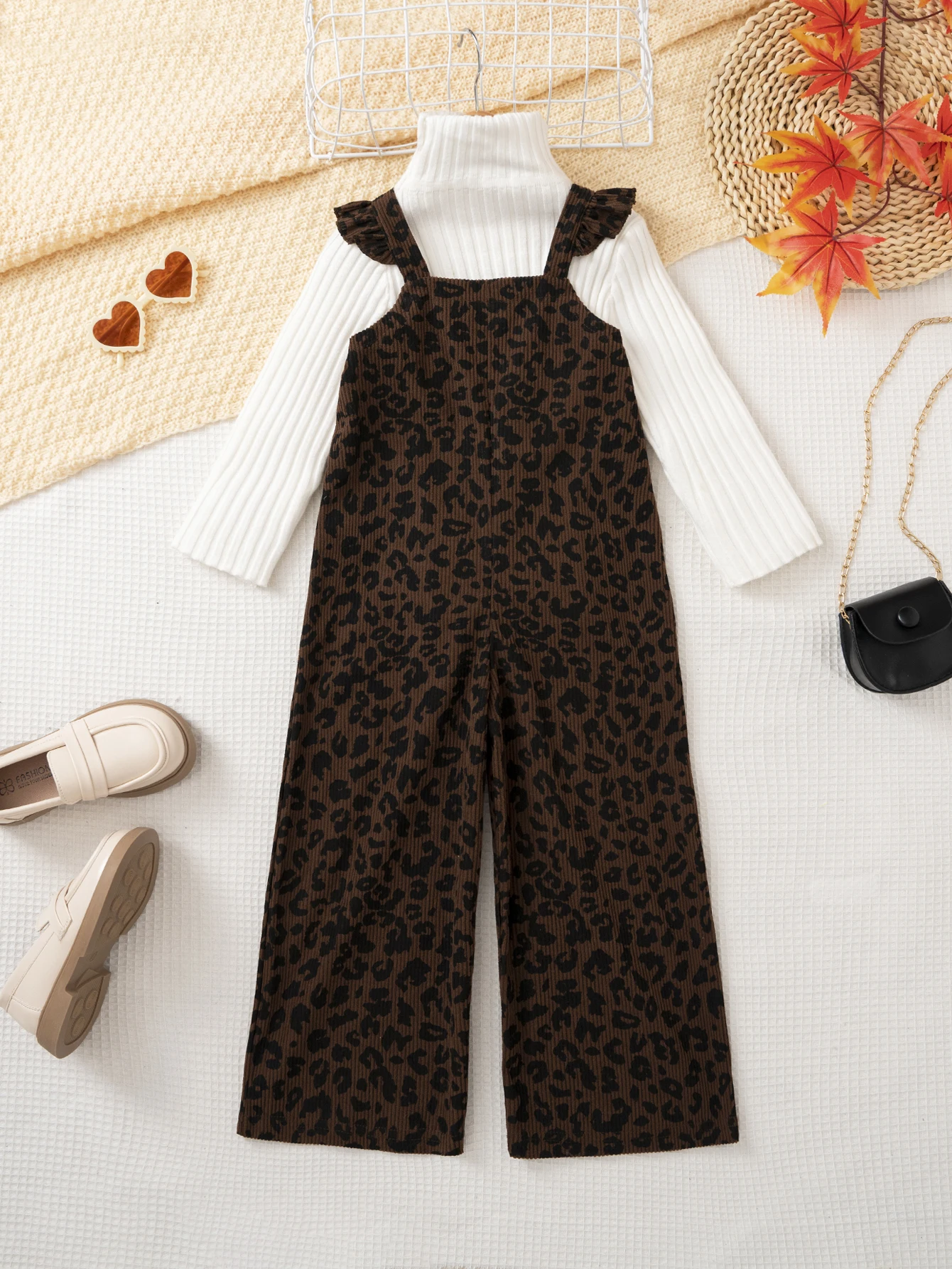 Mädchen Einteiler Overall Leopardenmuster Cord-Jumpsuit Weites Bein Latzhose Mädchen Rüschen-Träger-Strampler Herbst Kinderkleidung – Detail 14