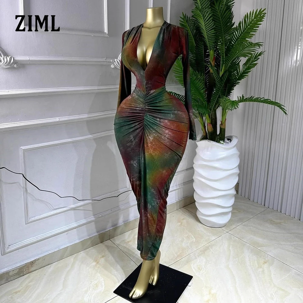 

Новое модное женское платье ZIML с цветным принтом, приталенное, с драпировкой, сексуальное, с V-образным вырезом, длинным рукавом, элегантное, в стиле New Fashion