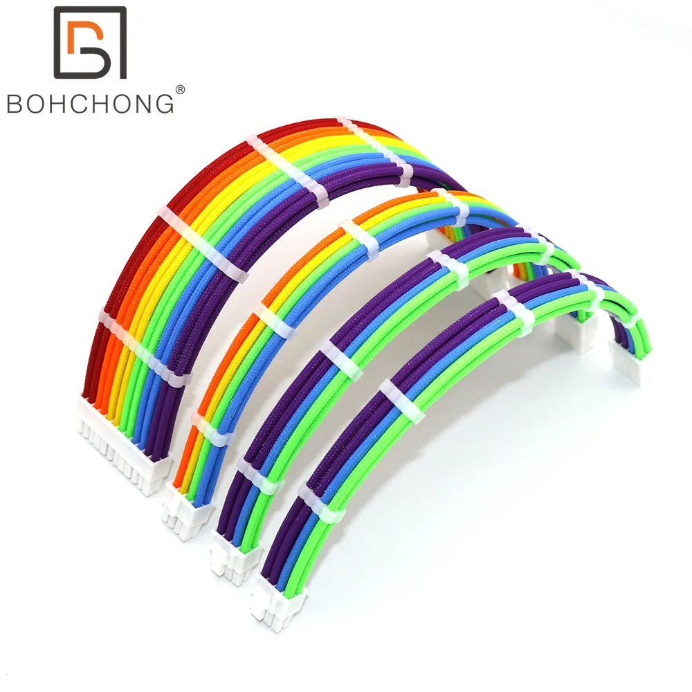 Colorful Rainbow 180 Degree 4mm PET Basic Power Extension Cable Kit 1pcs ATX 24Pin 1pcs EPS CPU 8Pin 2pcs PCI-E GPU 8Pin 6+2Pin