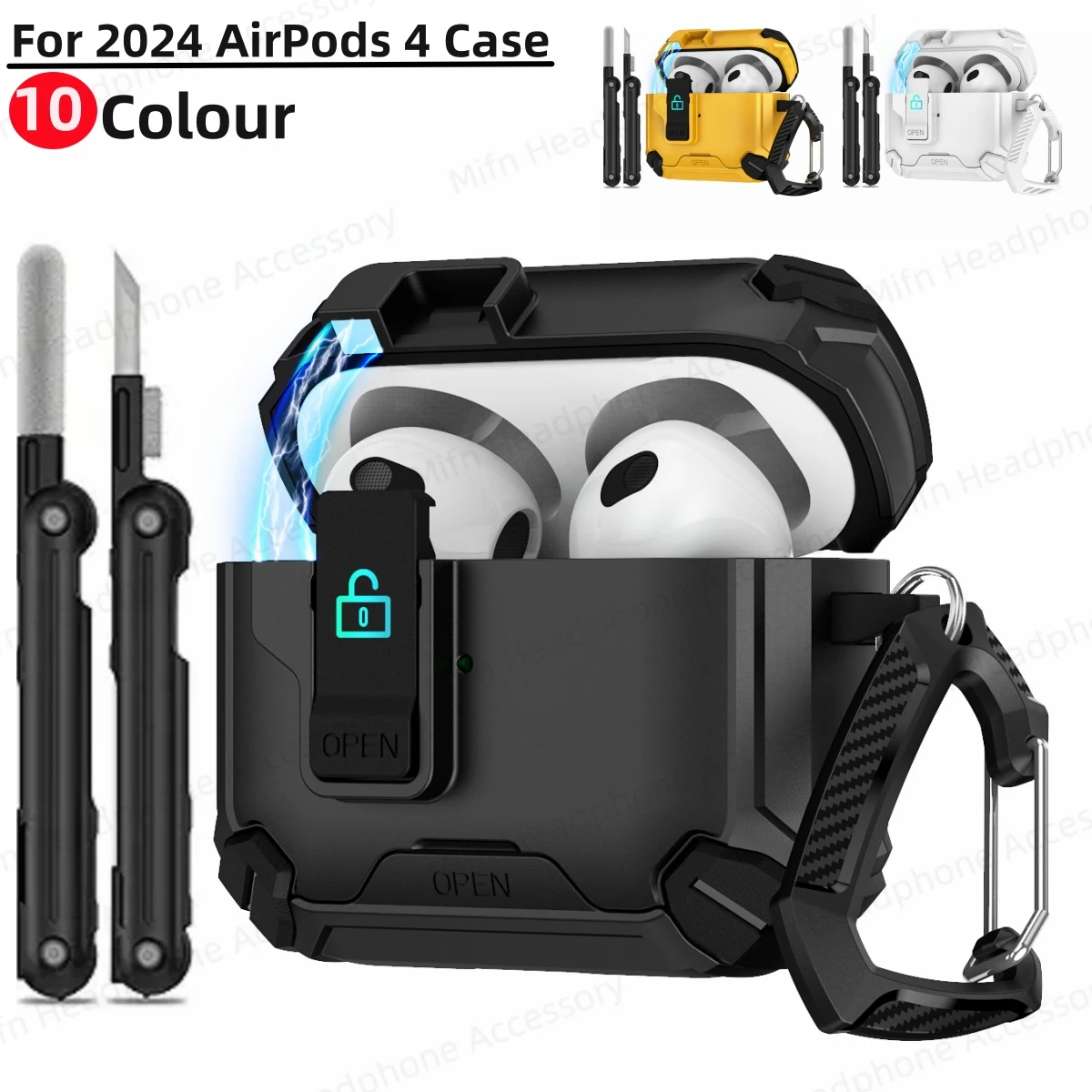 New Safety Lock Case for AirPods 4（2024）Earphone with Cleaner Kit&Keychain for Men Women Case For Apple Airpods 4 Protector Case