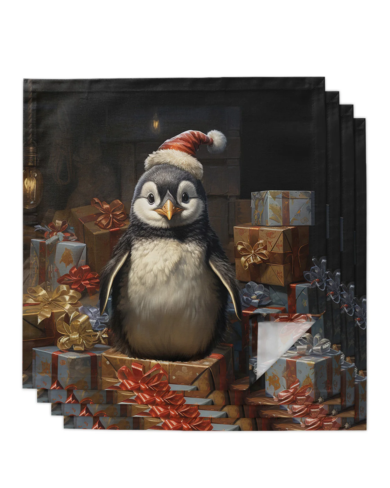 4/6/8pcs Christmas Oil Painting Gift Penguin Table Napkins Cloth Restaurant Table Napkins Wedding Banquet Decor Cloth Napkins