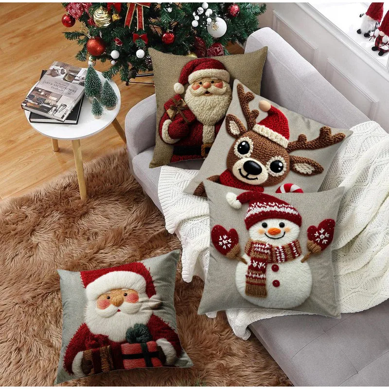 45x45cm Linen Plush Cartoon Snowman Print Throw Pillowcase Santa Cluas Xmas Merry Christmas Decor 2025 Happy New Year 2026