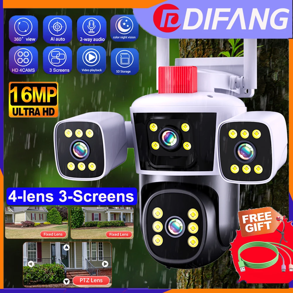 Difang 12MP Outdoor Security WiFi Camera, 3 Lens Rotatable, Auto Tracking,Two Way Talk, Light Alarm, 360° PTZ Camera