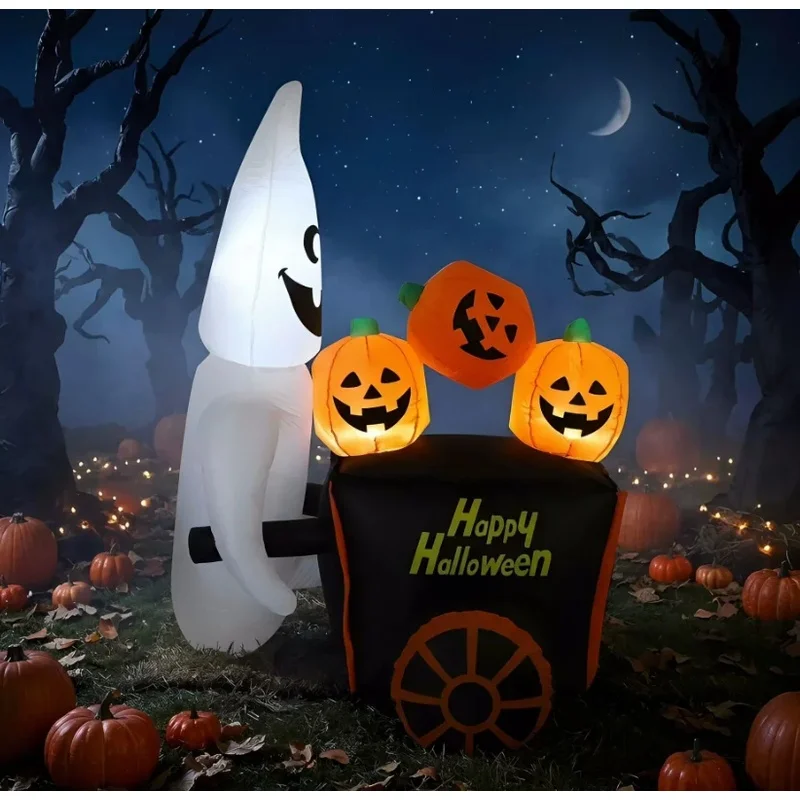 Halloween Inflatable Air Model Flashing White Ghost Push Cart Spooky Festival Prop for Outdoor Yard Decoration and Party Setup