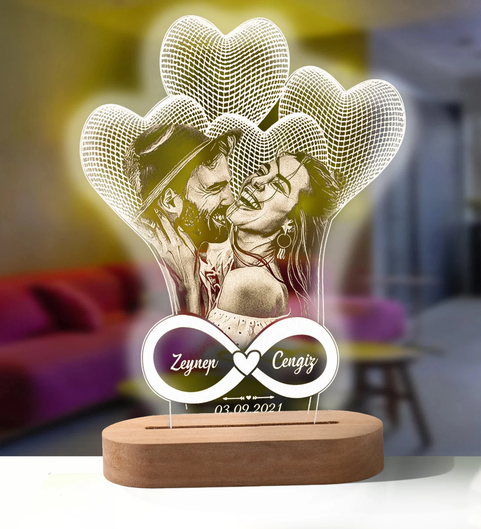 Lampada da notte 3D Foto personalizzata Base in legno intagliato Testo adatto per matrimonio Compleanno Anniversario San Valentino Lampada da regalo a LED 3D