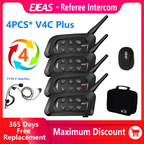 EJEAS-intercomunicador V4C PLUS para árbitro de fútbol, 4 piezas, 1500M, Auriculares Bluetooth dúplex completo, interfono de conferencia + bolso