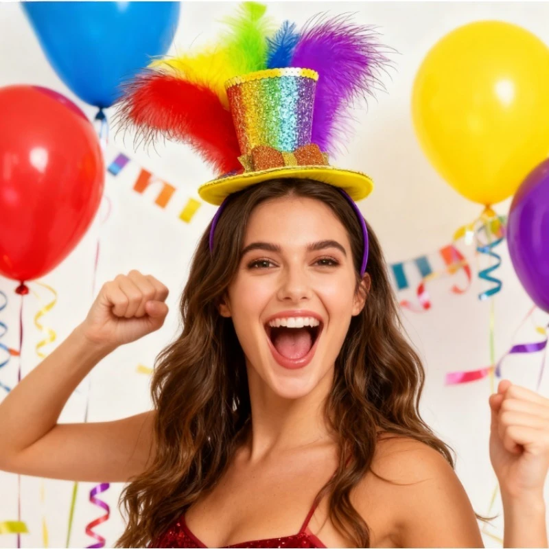 

Карнавальный головной убор со сверкающими радужными перьями, повязка на голову, цилиндр, дизайн