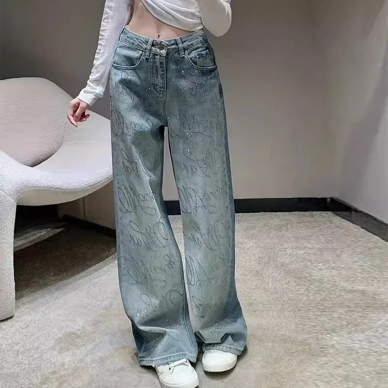 

Denim Wide Leg Pants Women Vintage Jeans Diamonds High Waist Pockets Distressed Washed Floor Length Streetwear Straight Trousers