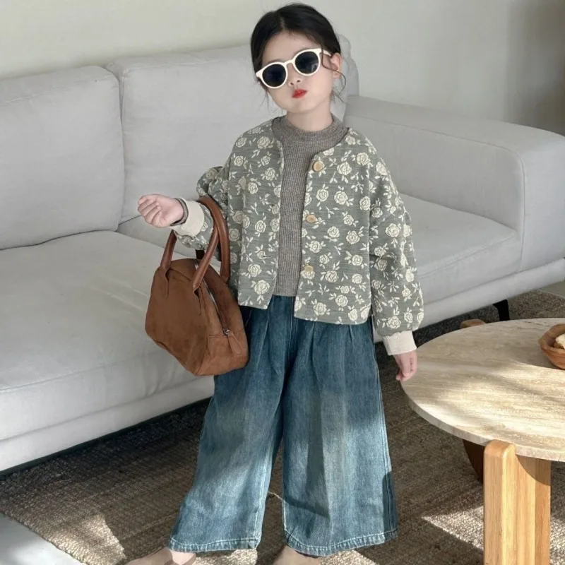 Girls' Spring and Autumn with Retro and Western Style Versatile Coat, Children's Korean Version Loose Wide Leg Jeans