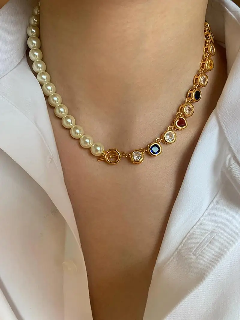 

Brass With 18K Gold Half Color Beads Half Faux Pearl Necklace Women Jewelry Punk Designer Runway Rare Gown Boho Japan Korean