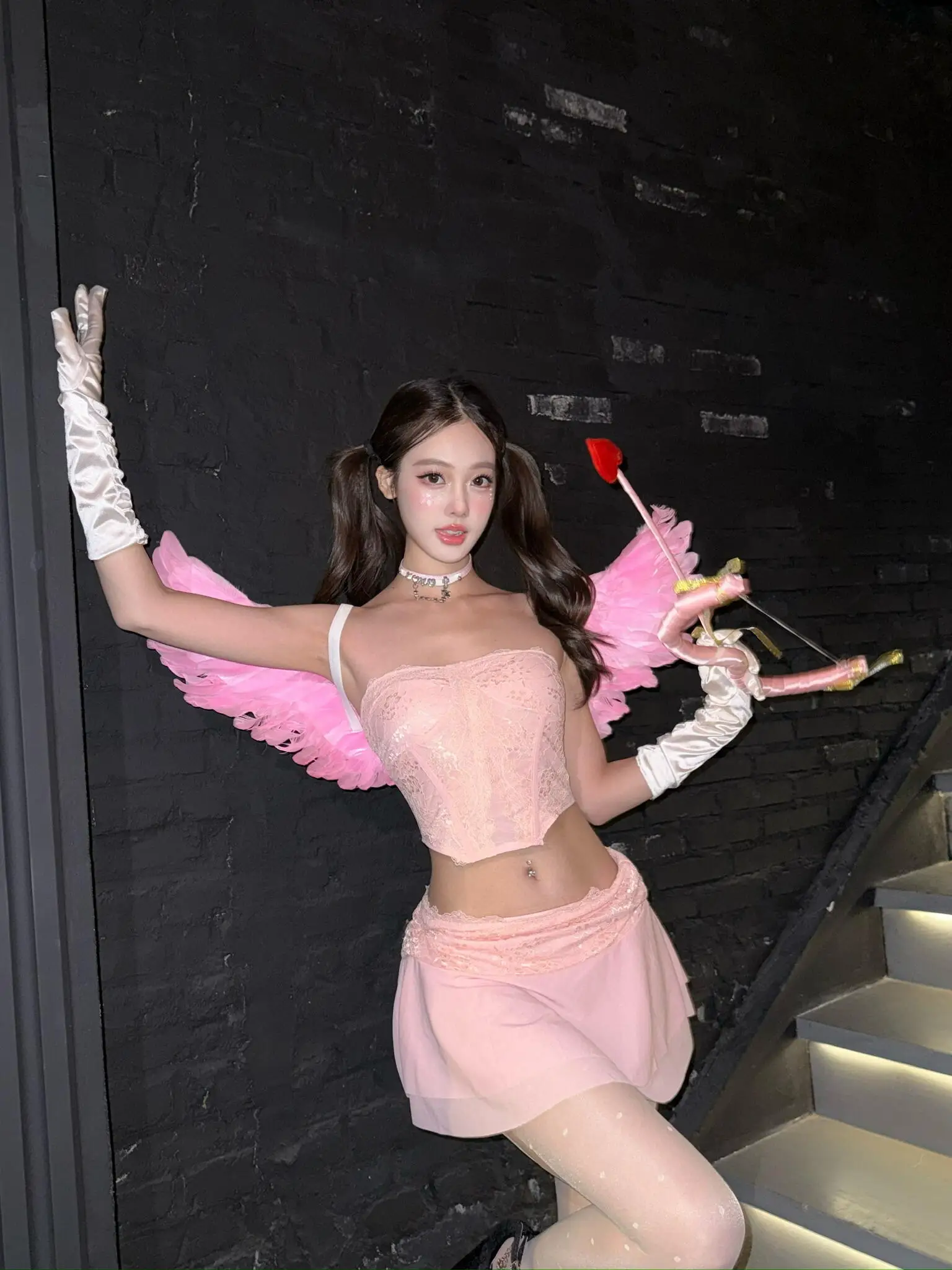 Rosa Engel Halloween Amor Cosplay Outfit Spitze Crop Top Weste f Rock Set Damen Ethnisches Kostüm Bühnenaufführungskleidung