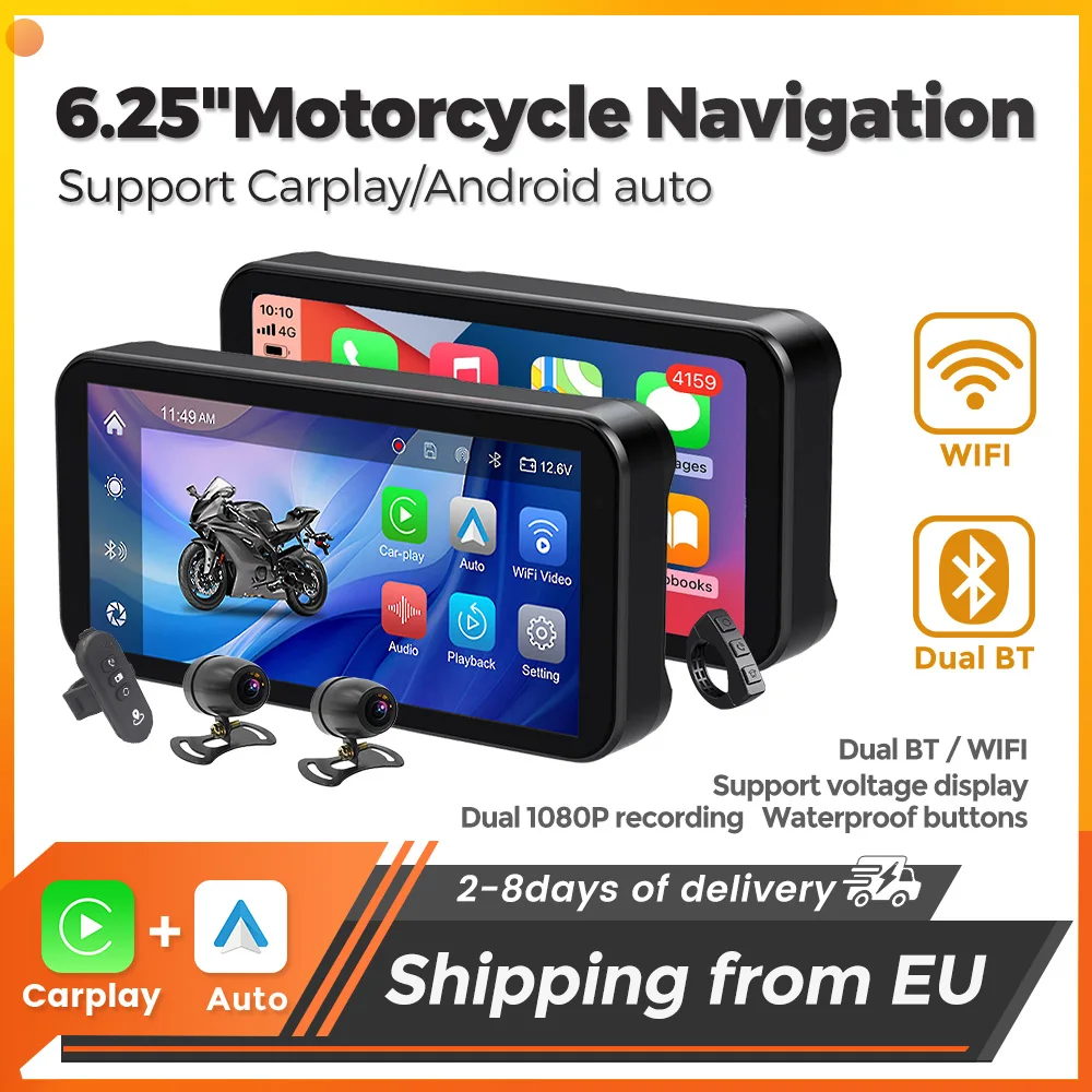 MEKEDE Portable 6.25" Navigation GPS pour moto, Carplay sans fil, Android Auto, moniteur moto, étanche IP67, boutons intelligents, écran d'affichage intelligent, double enregistreur DVR 1080P, BT WIFI