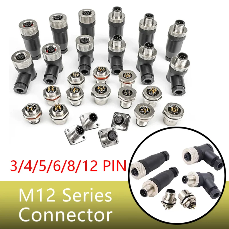 

5/20 Pcs 3/4/5/6/8/12Pin M12 Connector Waterproof Straight Angle Shielded Flange Male&Female Screw Threaded 12mm Plug Coupling