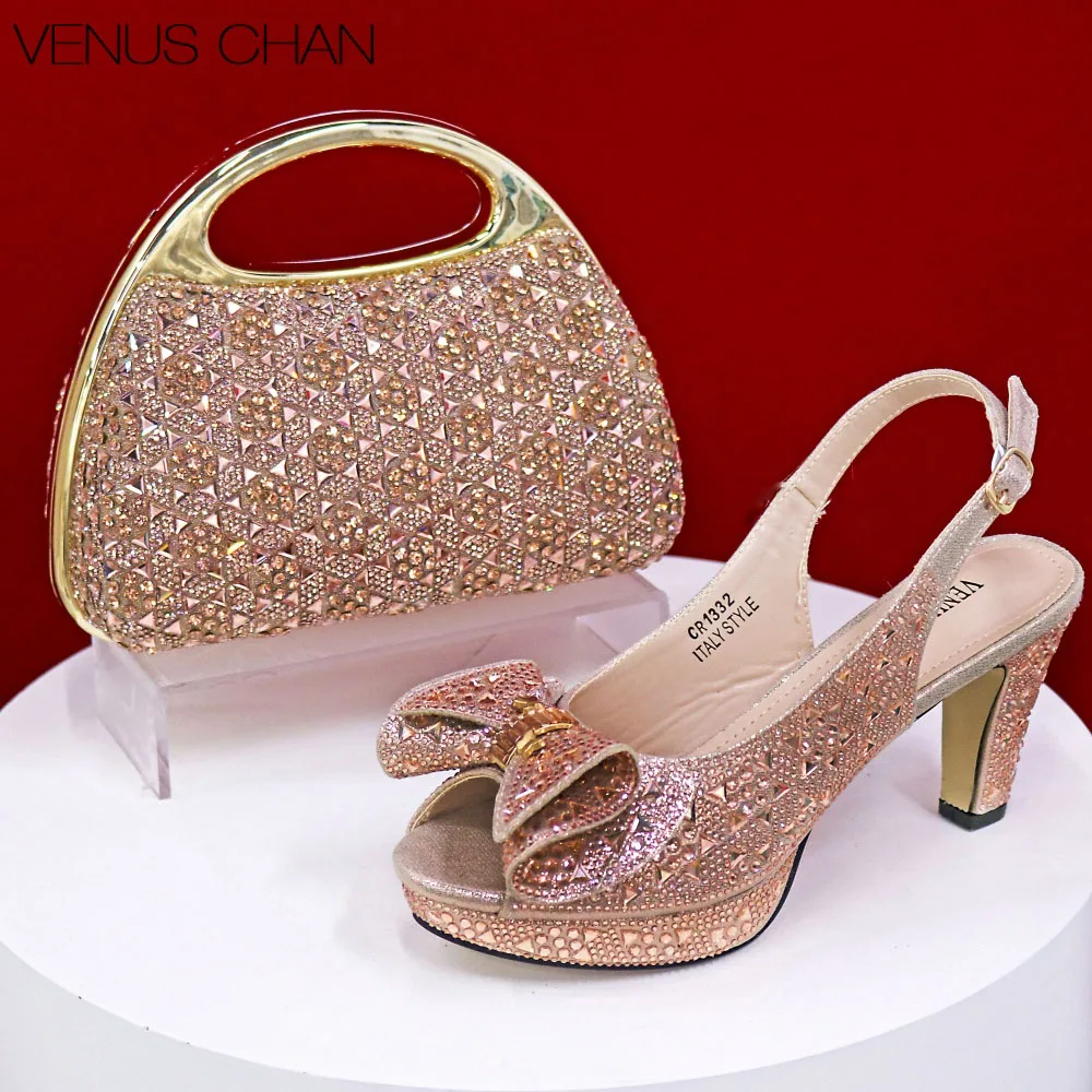 

2026 Elegant Women's Rhinestone Peep Toe High Heels Sandals - Italian Design with Matching Bags in Champagne Color