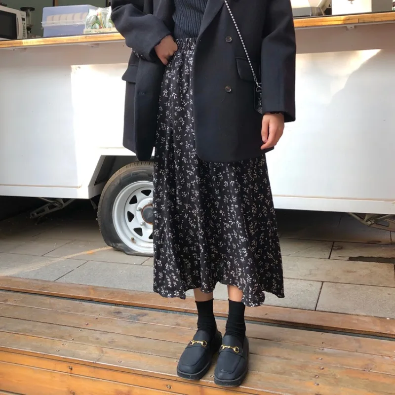 Floral Print Loose High Waist Midi Skirt Women's Spring Summer New Korean Sle Versatile Long Skirt A-Line Gown